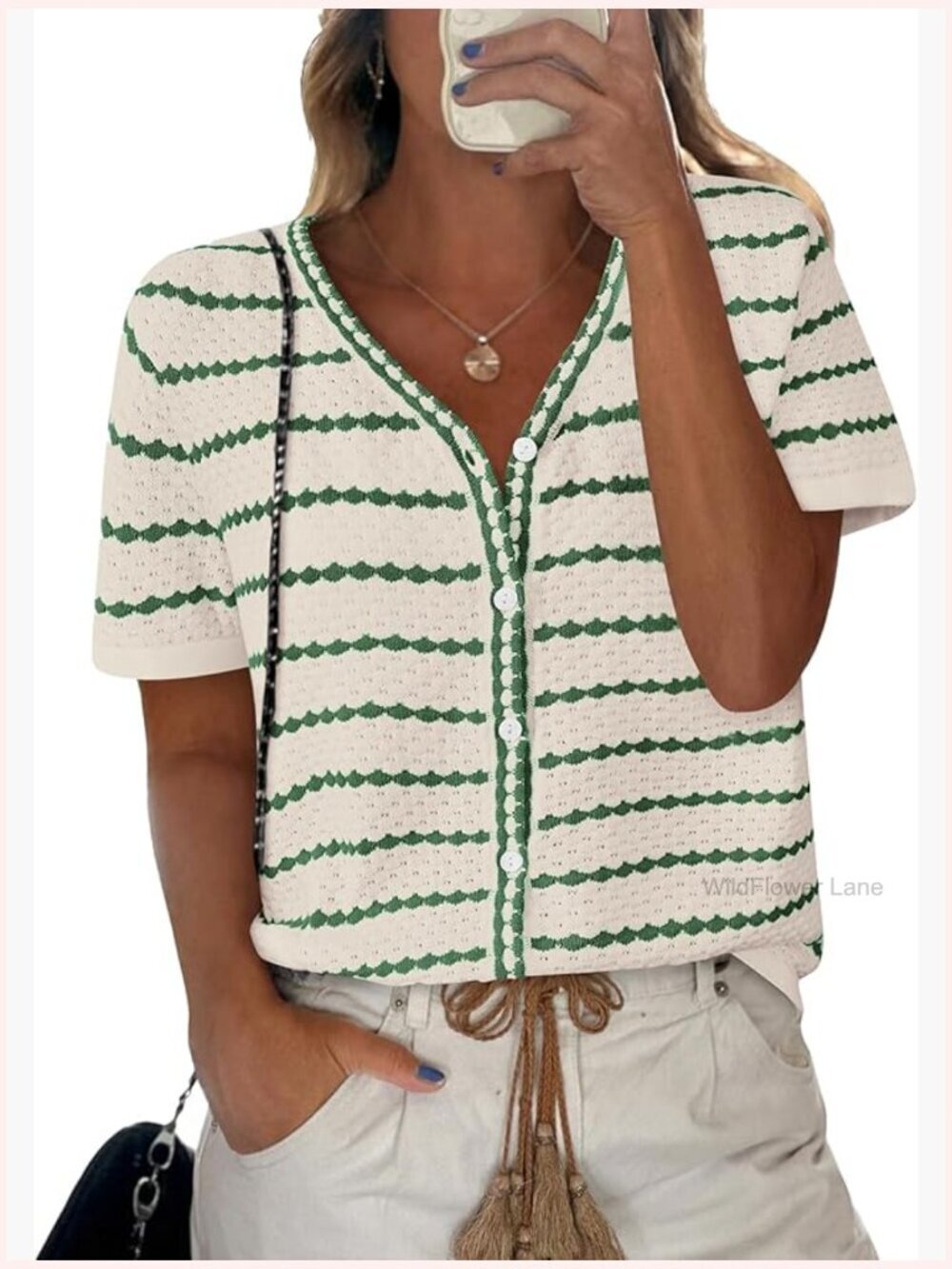 Short Sleeve Crochet Knit Sweater V Neck Button Down Blouse